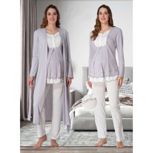 Effortt Dvina  Lohusa Sabahlıklı Pijama Takımı Ekru-Gri - 9054