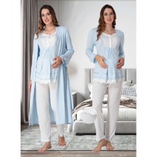 Effortt Dvina  Lohusa Sabahlıklı Pijama Takımı Ekru-Mavi - 9054