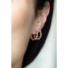 Yenigün Kuyumculuk 14 Ayar Altın Pembe Kuvars Detaylı Taşlı Halka Küpe