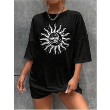 Tarz Yeri Kadın Bisiklet Yaka Baskılı T-Shirt - Siyah