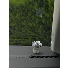 Taşlı Gümüş Gül Mini Vazo Kokulu Çiçek Oto Araba Torpido Aksesuarları, Çiçek Aksesuarları Süs