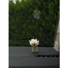 Taşlı Beyaz Gül Mini Vazo Kokulu Çiçek Oto Araba Torpido Aksesuarları, Çiçek Aksesuarları Süs