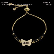 Archin Kelebek Figürlü 14 Ayar Altın Plakalı Astroloji Burç Semboller Desenli Siyah Taşlı Bileklik