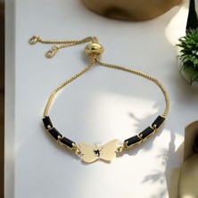 Archin Kelebek Figürlü 14 Ayar Altın Plakalı Özel Semboller Desenli Siyah Taşlı Bileklik