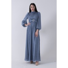 Feminist Indigo Beli Toka Aksesuarlı Bisiklet Yaka Tesettür Abiye 6502493.98