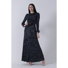 Feminist Lacivert Bilek Ucu Tüylü Pul Payetli Tesettür Abiye 6502496.02