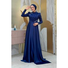 Bym Fashion Saten Taş Detaylı Abiye 7016 Lacivert