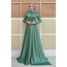 Bym Fashion Saten Taş Detaylı Abiye 7016 Mint