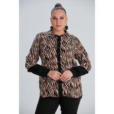Imagine Giyim Kol Detaylı Zebra Desenli Büyük Beden Belmando Kumaş Siyah Gömlek