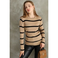 Vegenze Kadın Kamel Siyah Ringel Çizgili Fitilli Bisiklet Yaka Kazak