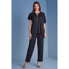 Guitar Kısa Kollu Siyah Örme Bluz