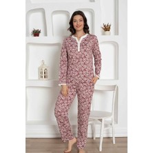 Bie's Kadın Çiçek Desen V Açık Yaka Düğmesiz %100 Pamuk Penye Ince Yazlık Uzun Kol Pijama Takımı