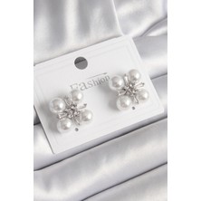 Tua Moda Pirinç Gümüş Renk Zirkon Taşlı Incili Kadın Küpe