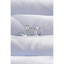 Tua Moda Pirinç Gümüş Renk Zirkon Taşlı Geometrik Ayarlanabilir Yüzük