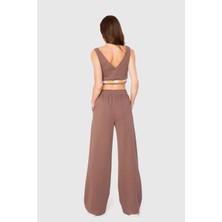 Kiwe Ribana Detaylı V Yaka Kısa Bej Crop