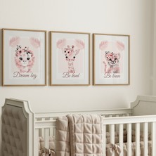 Çocuk Kalbi Atölyesi Pembe Hayvanlı 3'lü Motivasyon Seti, Bebek ve Çocuk Odası Tablosu