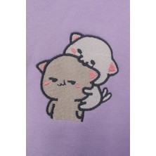 Kız Çocuk %100 Pamuklu Kedi Nakışlı Kışlık Hırka  -Lila (3-4 Yaş 8-9 Yaş)