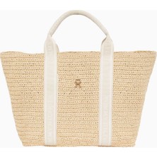 Tommy Hilfiger Kadın Spring Logotape Tote El Çantası Doğal Hasır Görünümlü Polipropilen Malzeme