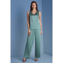 Geniş Paça Kemik Yeşil Saten Pantolon