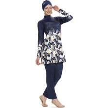 Kadın Lacivert Desenli Uzun Kollu Tesettür Mayo HZL25S-AR272