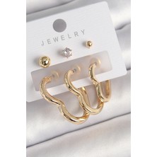 Clariss Pirinç Gold Renk Kalp Model Zirkon Taşlı Topçuk Detay Kadın Küpe Seti