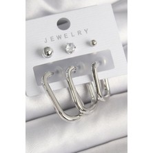 Clariss Pirinç Gümüş Renk Halka Model Zirkon Taşlı Topçuk Detay Kadın Küpe Seti