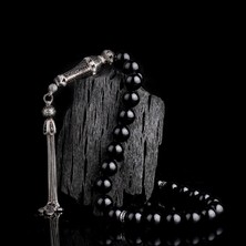 Tesbih Sepetim 925 Ayar Gümüş Küre Kesim Siyah Zirkon Taşlı Ateş Kehribar Tesbih