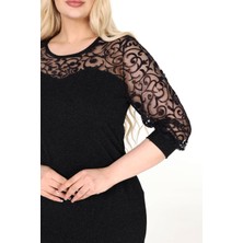 Işıltılı Kumaş Flok Kol Büyük Beden Elbise 26B-2640