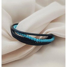 HD Marketim Doğaltaş Deri Bileklik Turkuaz Taşı Unisex (20 Cm) Örgü  Çoklu Bilezik