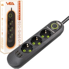 Vea VA-21557 3lü 1.5 Metre Kablolu 3 Usbli Siyah Akım Korumalı Priz