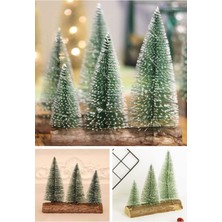 3 Lü Set Nevada Mini Çam Ağaçları Yılbaşı Hediyesi Meşe Kütük Üzerinde Çam Ağaçları 16-12-10  cm Çam Ağaçları