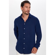 Tudors Slim Fit Uzun Kollu Dar Kesim Dökümlü Viskon Şık Lacivert Erkek Gömlek