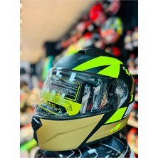 966 Matt Black WX92 Çene Açılır Güneş Vizörlü Motosiklet Kaskı (Siyah- Neon-Gold)