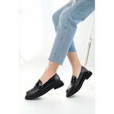 Marshetta Shoes Velora Model Siyah Cilt Rugan Detaylı Kadın Loafer Günlük Ayakkabı Makosen