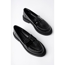 Marshetta Shoes Velora Model Siyah Cilt Rugan Detaylı Kadın Loafer Günlük Ayakkabı Makosen