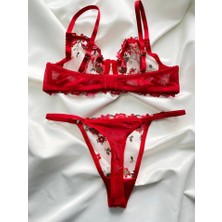 Shy Lola Lingerie Kırmızı Yeşil Çiçekli Yelpaze Detay Dantelli Kırmızı Tül Sütyen Takımı / Iç Çamaşır Takımı/tanga