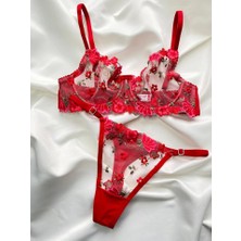 Shy Lola Lingerie Kırmızı Yeşil Çiçekli Yelpaze Detay Dantelli Kırmızı Tül Sütyen Takımı / Iç Çamaşır Takımı/tanga