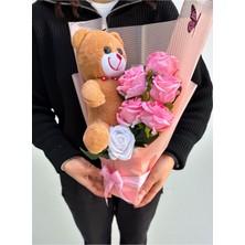 Lenostra Sevgiliye Yapay Çiçek Buketi 25cm Kahverengi Ayıcıklı Peluş Buket Çiçek Buketi Sevgiliye Çiçek Kız