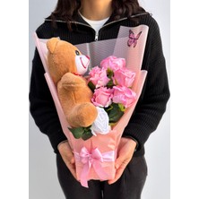 Lenostra Sevgiliye Yapay Çiçek Buketi 25cm Kahverengi Ayıcıklı Peluş Buket Çiçek Buketi Sevgiliye Çiçek Kız