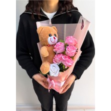 Lenostra Sevgiliye Yapay Çiçek Buketi 25cm Kahverengi Ayıcıklı Peluş Buket Çiçek Buketi Sevgiliye Çiçek Kız