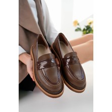 Marshetta Shoes Velora Model Kahverengi Cilt Rugan Detaylı Kadın Loafer Günlük Ayakkabı Makosen