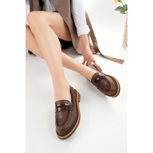 Marshetta Shoes Velora Model Kahverengi Cilt Rugan Detaylı Kadın Loafer Günlük Ayakkabı Makosen
