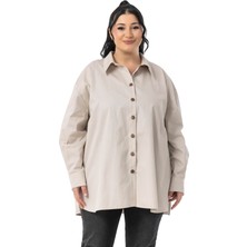 Disentis Modest Büyük Beden Yanları Yırtmaçlı Gabardin Bej Rengi Gömlek