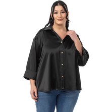 Disentis Modest Büyük Beden Duble Katlamalı Truvakar Kollu Saten Siyah Gömlek