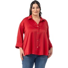 Disentis Modest Büyük Beden Duble Katlamalı Truvakar Kollu Saten Kırmızı Gömlek