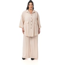 Büyük Beden Geniş Kesim Gömlek Pantolon Bej Rengi Ikili Takım