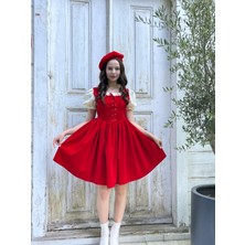 Madame Lucid Retro Kadife Kırmızı Mini Elbise