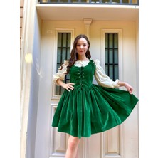 Madame Lucid Retro Yeşil Kadife Mini Elbise