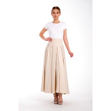 Yüksek Bel Bej Tafta Kumaşı (Kalın Saten) Etek