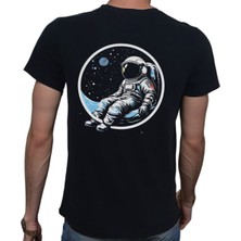 Beyaz Penguen Man On The Moon T-Shirt %100 Pamuklu Siyah Penye Basic Erkek Tişört